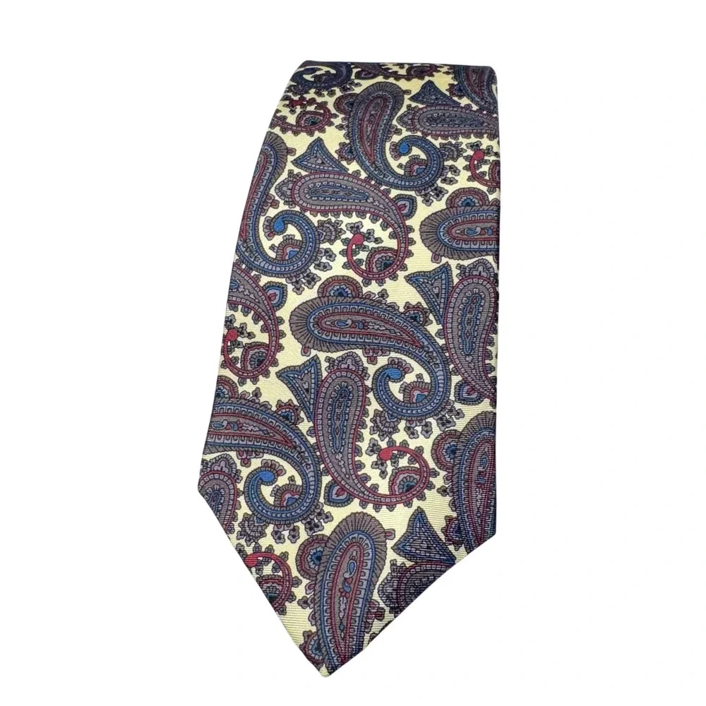 Lands End Tie Mens Silk Paisley Necktie Yellow Blue Red Made in USA Classic